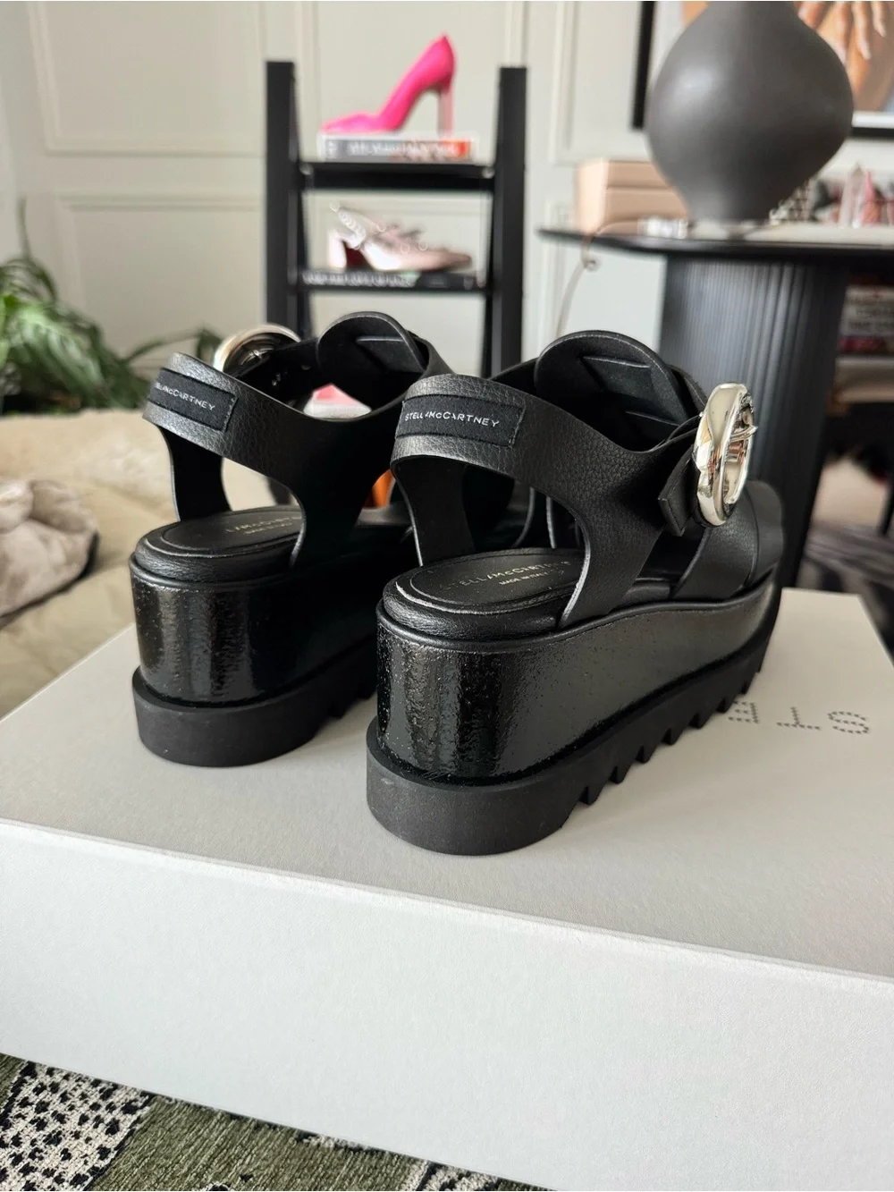 Stella McCartney Elyse Black Wedge Fisherman Sandals with Silver Buckle
